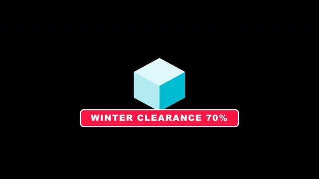 An isometric cyan ice cube with a red clearance sale ribbon melts with falling water drops against a transparent background