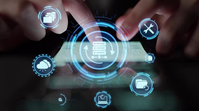 Data recovery icons show backup, data recovery process, and secure restoration. Data recovery ensures system reliability, data recovery protection, and information access. Funnel