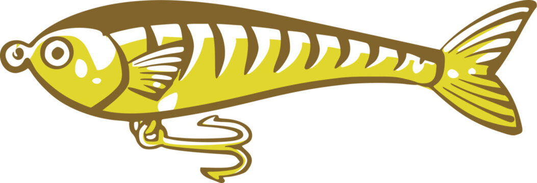 Stylized yellow fish-shaped fishing lure with treble hook