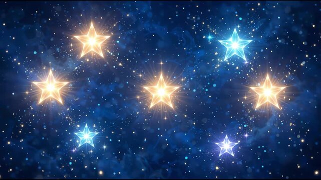 Five glowing stars appearing one by one with a sparkling particle effect on a deep blue background