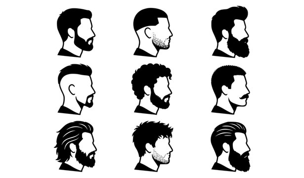 Male Hairstyle and Beard Profile Silhouette Icons Collection