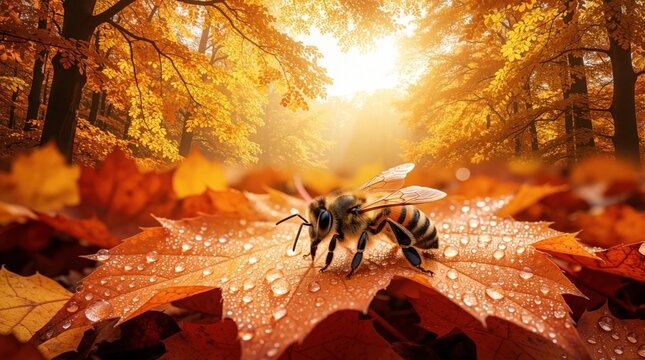 Macro shot of honey bee on wet autumn leaf. Insect rests on orange maple foliage with water drops. Golden sun light shines through forest trees during fall season. Nature wildlife closeup in warm