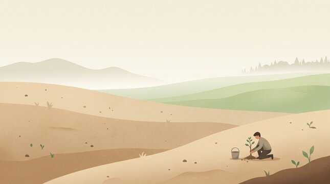 Bare Earth to Green Hope: A Solitary Figure Planting the First Sapling in a Vast, Minimalist Landscape