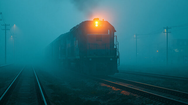Freight train locomotive and cargo containers moving through foggy industrial landscape for transportation themes.