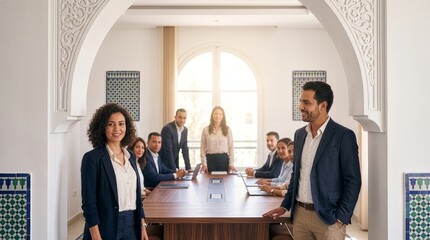 Obraz premium Business leaders addressing diverse team in elegant meeting room