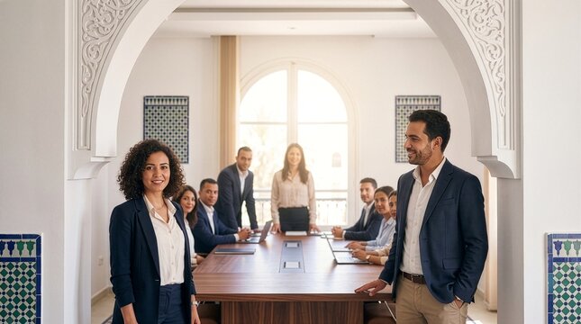 Business leaders addressing diverse team in elegant meeting room