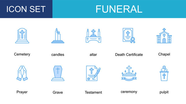 funeral icon collection set. with Cemetery,candles,altar,Death Certificate,Chapel,Prayer,Grave