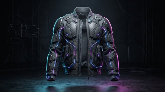 Modular Smart Bomber Jacket with Lightweight Armor Panels, futuristic cyberpunk apparel combining technical textile, electronic mesh and magnetic modular components.