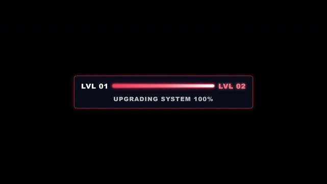 Futuristic red gaming progress bar overlay upgrading system from level 1 to 2