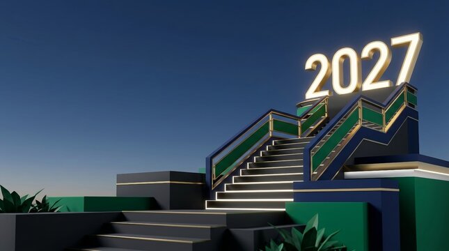 Golden Twenty Twenty Seven Year Sign Atop Modern Dark Blue And Green Staircase Under Twilight Sky Three D Render