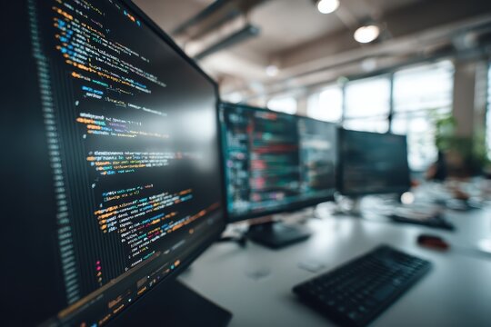 Open source developer workstation with source code across multiple monitors, a keyboard and mouse on an office desk, supporting contributions to a shared software platform and global collaboration