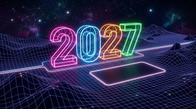 Futuristic Glowing Twenty Twenty Seven Neon Numbers On Digital Landscape With Starry Night Sky Background