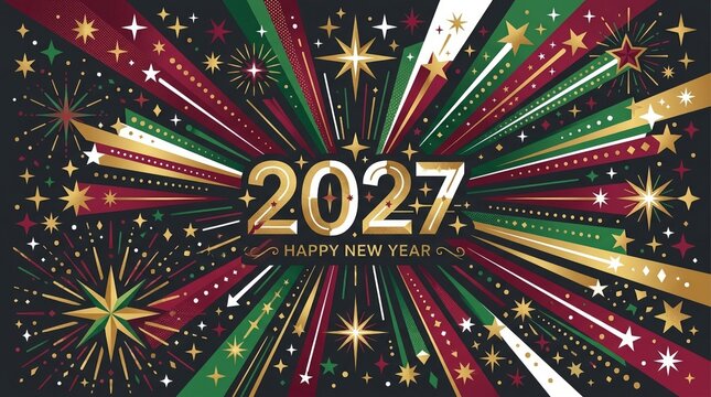 Two Thousand Twenty Seven Happy New Year Celebration Festive Graphic With Gold Stars And Radiant Holiday Colors