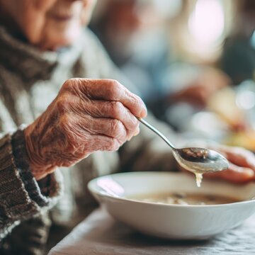 Elderly person holding a metal spoon above a white bowl during assisted eating, a wrinkled hand gripping the utensil at the table, daily nutrition care with support for participation in mealtime
