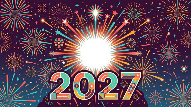 Colorful Pixel Art Fireworks Display Over The Year 2027 In A Dark Night Sky Festive Celebration