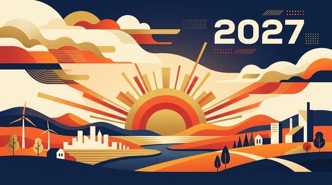 Pixel Art New Year Celebration With Sunrise Over A Sustainable City Landscape