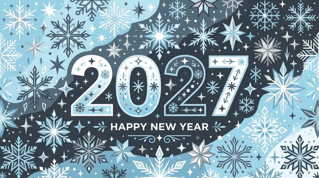 Pixel Art New Year Greeting With Snowy Snowflake Pattern In Blue And White Colors