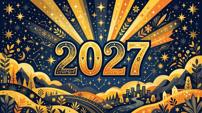 Pixel Art New Year Celebration Poster With Golden Sunburst Rays Over A Landscape