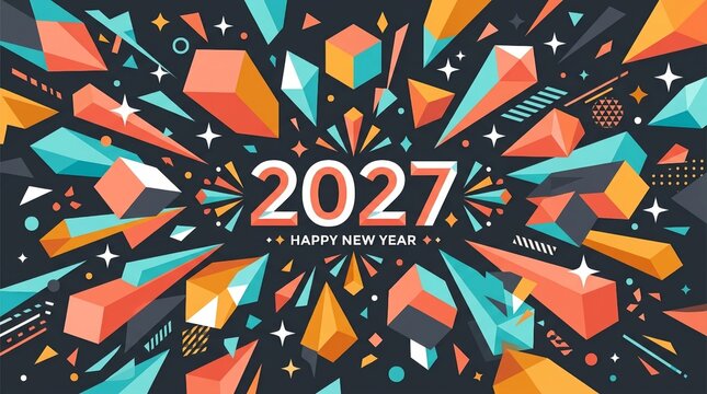2027 Happy New Year Celebration Background Featuring Vibrant Geometric Shapes And Pixel Art Style