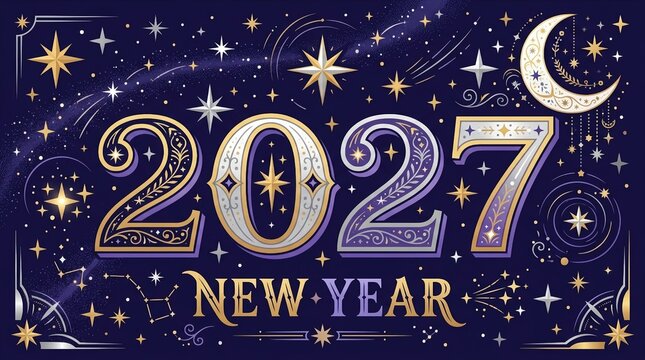 Decorative Two Thousand Twenty Seven New Year Greeting With Intricate Gold And Silver Celestial Patterns On Dark Blue