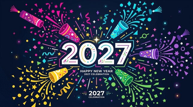 Colorful New Year Celebration Concept With Party Poppers And Confetti On Dark Background