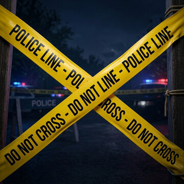 Crime Scene Barrier Tape Yellow Police Line Do Not Cross Tape Across Wooden Post with Blurry Police Cars