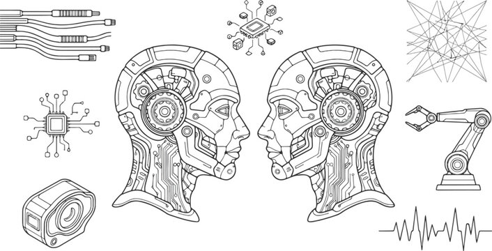 Cybernetics line icon vector set with humanoid android heads artificial intelligence and robotics symbols