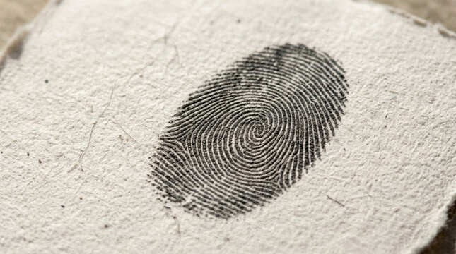Close up of a dark fingerprint impression on textured rough light colored paper concept of identity evidence and security