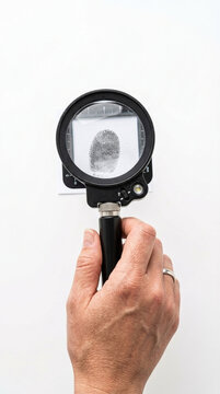 Close up of a human fingerprint being examined under a magnifying glass on a white background forensic investigation concept