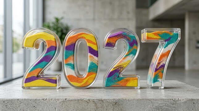 Transparent Glass Number Sculpture With Colorful Sand Filling For Upcoming Year In Bright Office Hall