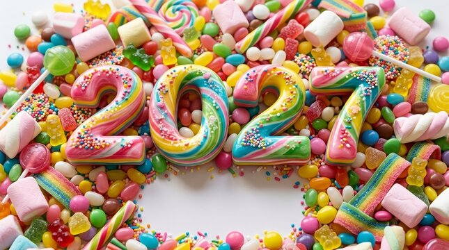Colorful Candy Number 2027 Celebration Concept On White Background With Sweets And Sprinkles