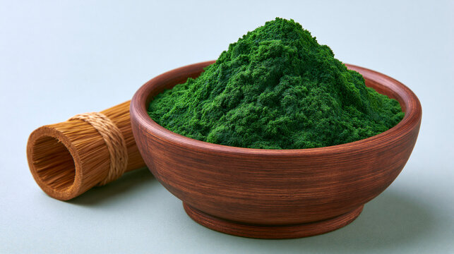 Green chlorella or spirulina powder in a rustic wooden bowl with a bamboo whisk on a light background.