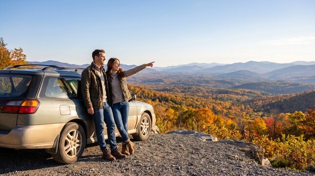 Couple on road trip leaning against car, looking at mountain view, autumn landscape, travel photography