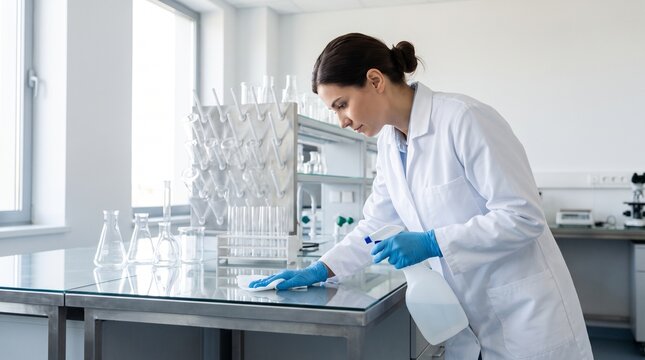 Female scientist wearing lab coat and blue gloves, wiping laboratory table with disinfectant spray, research facility interior, science and healthcare
