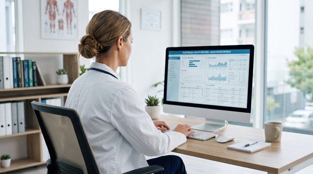 Female doctor reviewing electronic health records and patient vital signs on a computer screen in a modern medical office, analyzing data charts for telemedicine and digital