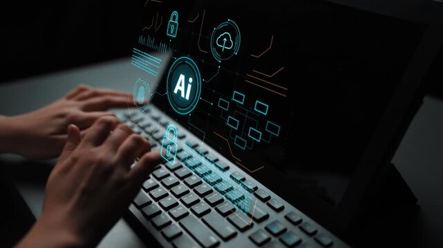 Hands Typing on Keyboard with AI Technology Visualization and Digital Security Icons on Laptop Screen in a Dark Environment. Entropy.