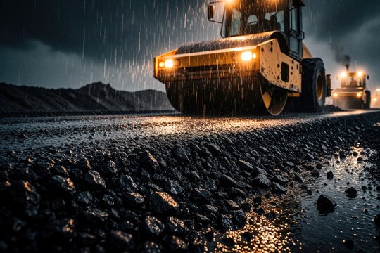 Heavy road construction machinery works on wet asphalt during heavy rain. Yellow steamroller compacts new dark gravel surface under night lights. Construction equipment repairs highway infrastructure