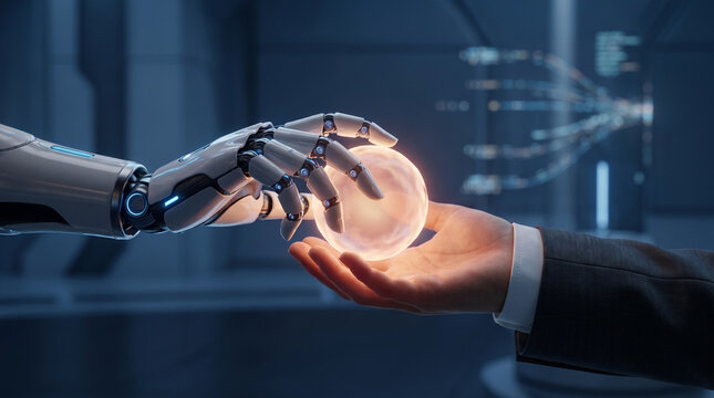 Robotic hand and human hand passing glowing orb of light in dark blue digital space, human and artificial intelligence collaboration concept