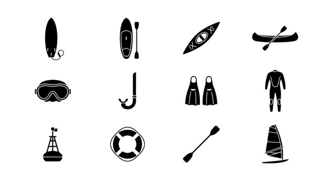 Water Sports Equipment Icons Set: Kayak, Surfboard, Scuba Gear, Buoy, Life Ring, Windsurf