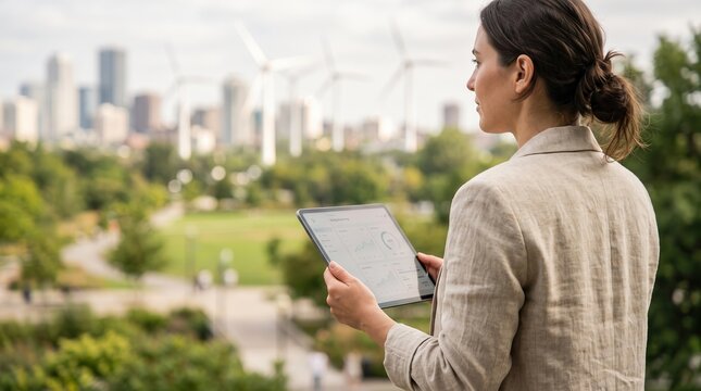 Professional woman monitoring energy dashboard on tablet overlooking wind turbine farm and city skyline, featuring sustainable development and renewable energy for ESG reporting.