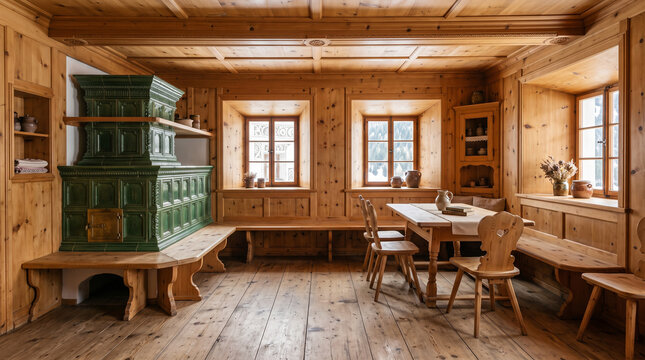 Swiss Alpine Engadin Valley St&uuml;va Parlor Arve Pine Panelling and Sgraffito 3D Interior Design