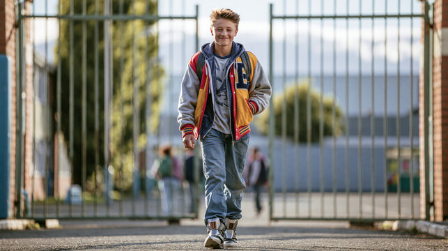 Smiling teenage boy wearing varsity jacket walking through school gates during bright morning sunlight