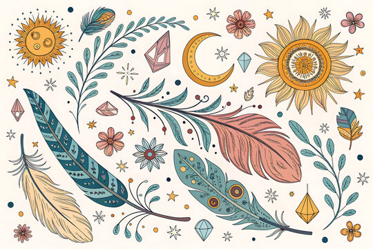 Boho doodle illustration with feathers, moons, suns, crystals, botanical elements.