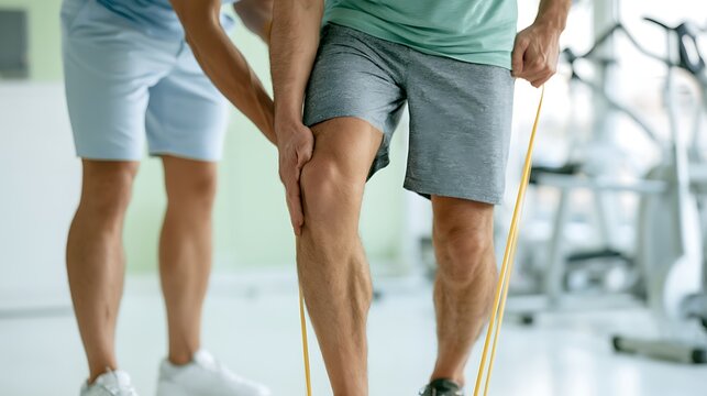 Person performing resistance band knee extension exercise in gym setting