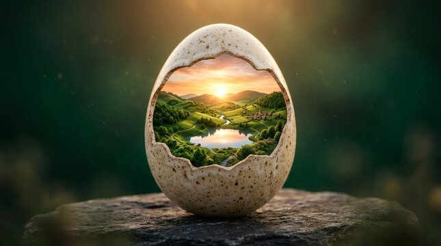 Broken eggshell reveals miniature green hills landscape with winding river and sunset for new life concept.