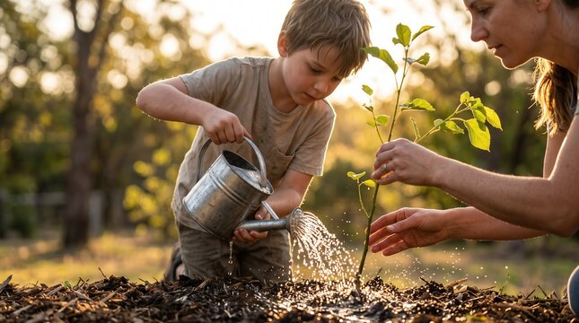 Young boy watering a small sapling with a metal watering can while his mother helps in a sunlit garden, capturing environmental responsibility and sustainable growth for Earth Day marketing.