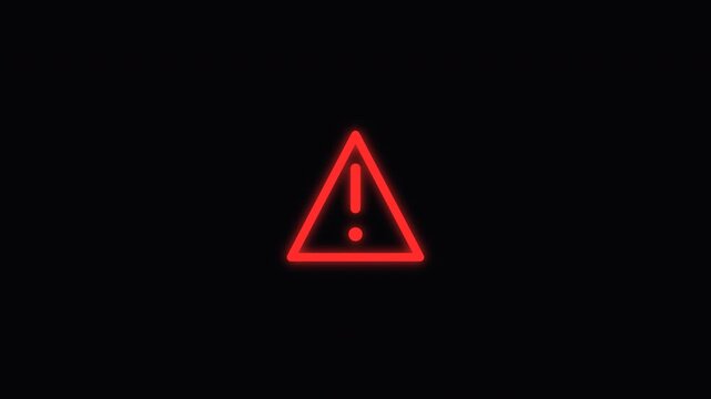 Glowing red neon warning triangle icon flashing with transparent background