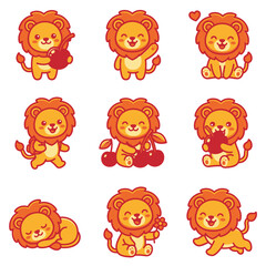 Fototapeta premium Set of Cute Cartoon Lions with Cherries and Flowers.