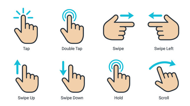 Collection of hand gesture icons for touchscreen navigation and interface control.