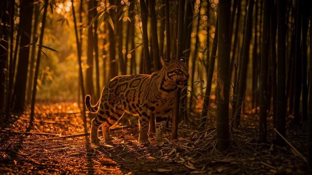 Wild ocelot standing alert in a dense bamboo forest during sunset